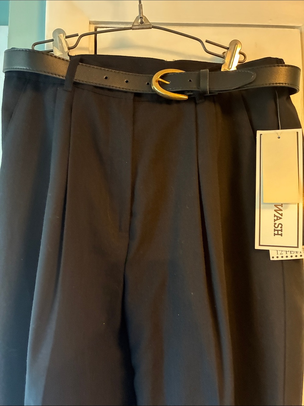 Sag Harbor Black Pleated Trousers with Black Belt and Gold Buckle